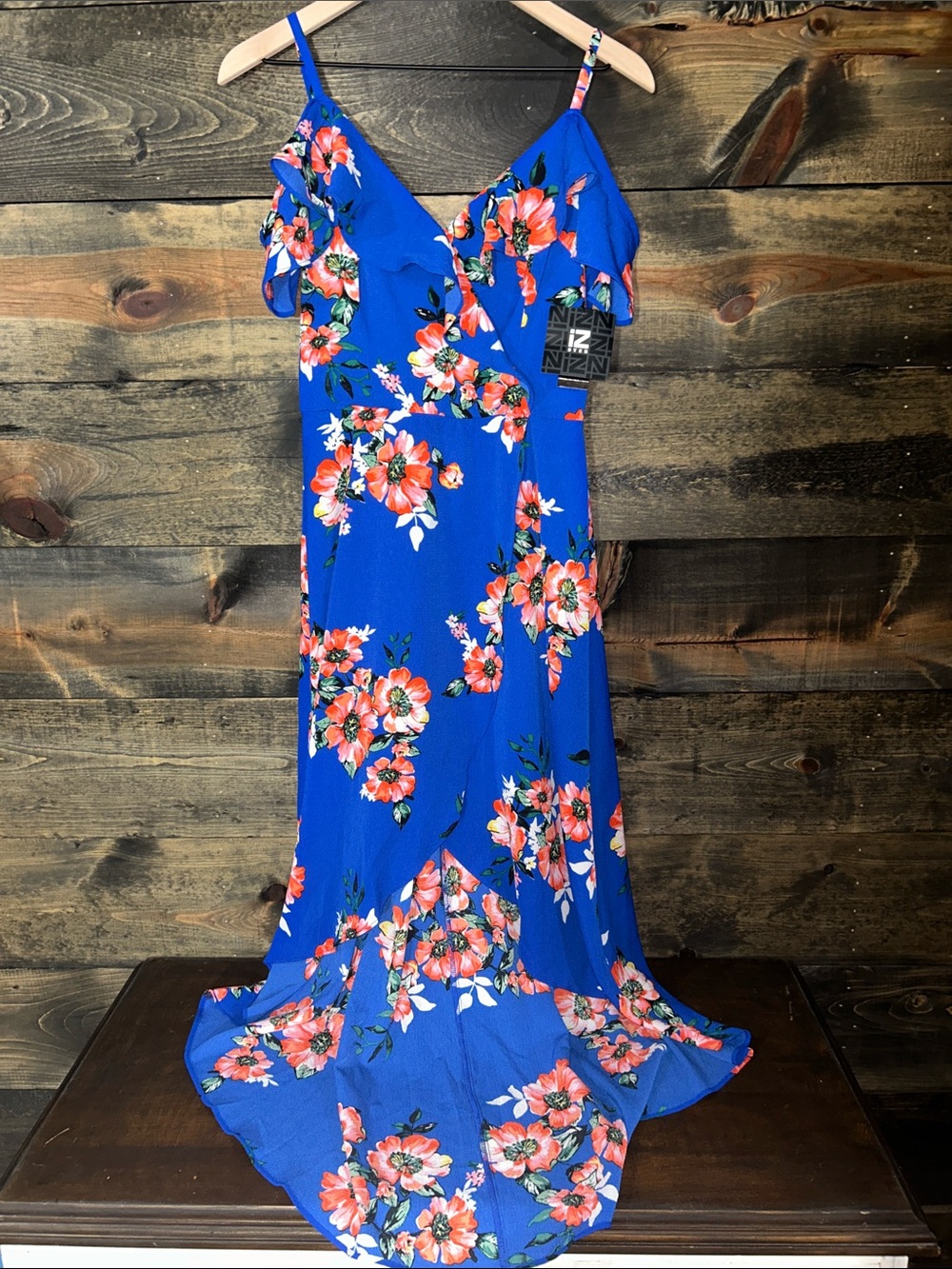 Iz Byer Royal Blue Floral High-Low Maxi Dress